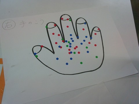 手の甲のイラストです。シールの部分が発光（洗い残し）したところです。